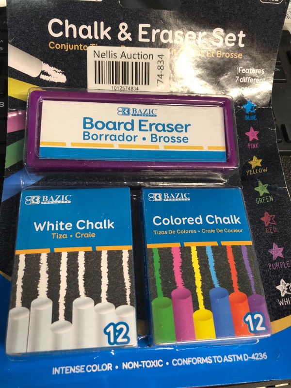 Photo 2 of 6 Pk, 12 Color and 12 White Chalk with Eraser Sets, Assorted