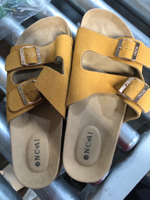 Photo 2 of Womens Flat Slide Sandals with Arch Support 2 Strap Adjustable Buckle Slip on Slides Shoes Non Slip Rubber Sole 12 Yellow