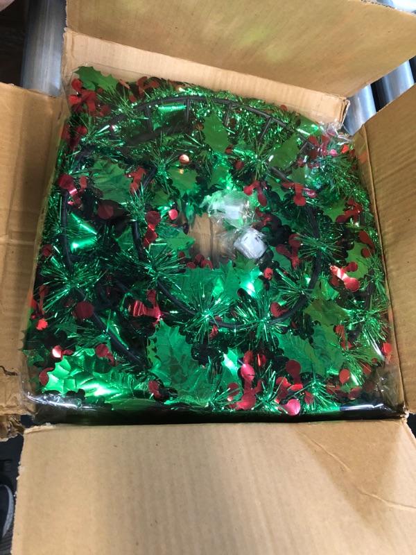 Photo 2 of *see notes TURNMEON 3 Pack Green Tinsel Christmas Wreath with Total 30 Warm Lights Red Berries Sequins for Front Door Christmas Decorations Battery Operated Xmas Christmas