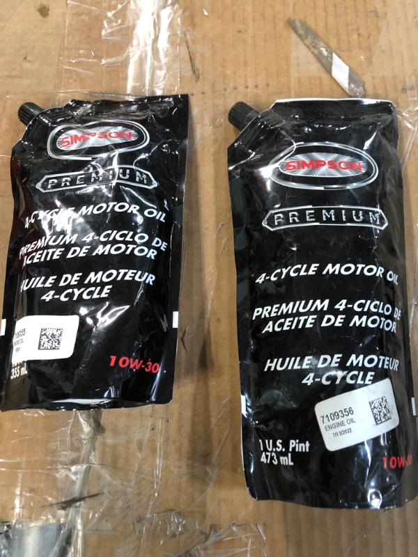 Photo 1 of see notes - simpson 4 cycle motor oil 10w-30 1 355ml pouch and 1 473 ml pouch
