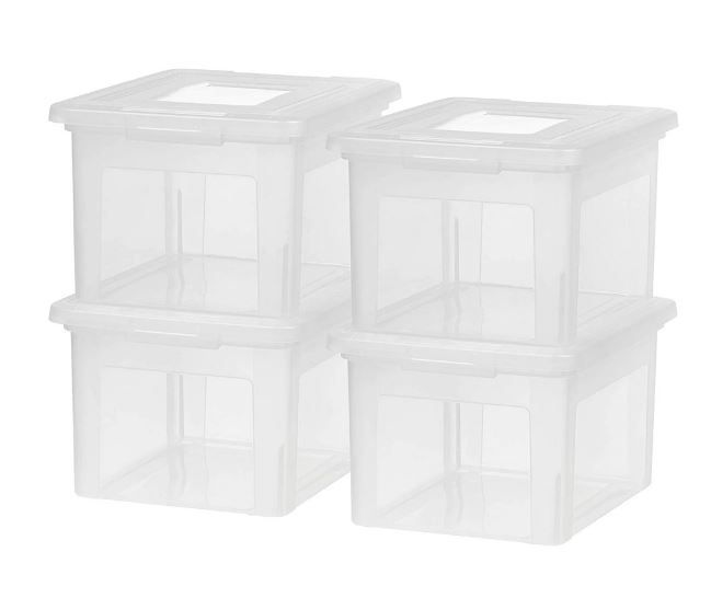 Photo 1 of IRIS USA, Clear Lidded Dual Purpose Letter and Legal Size Plastic File Box, 4 Pack