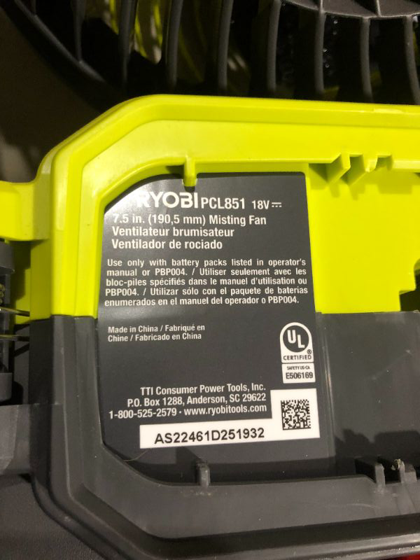 Photo 6 of ***UNTESTED - SEE NOTES***
Ryobi ONE+ 18V Cordless 7-1/2 in. Bucket Top Misting Fan Kit with 1.5 Ah Battery and Charger