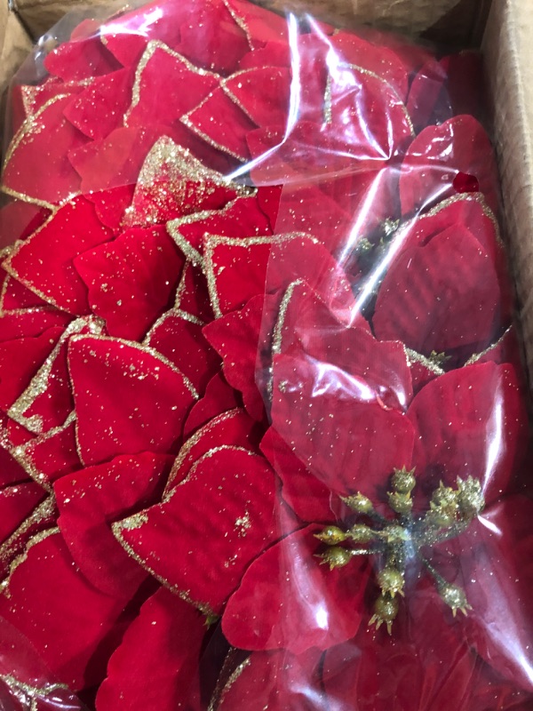 Photo 3 of [ Include Clips Stems ] TURNMEON 24 Pack 5.5 Inch Christmas Glitter Poinsettia