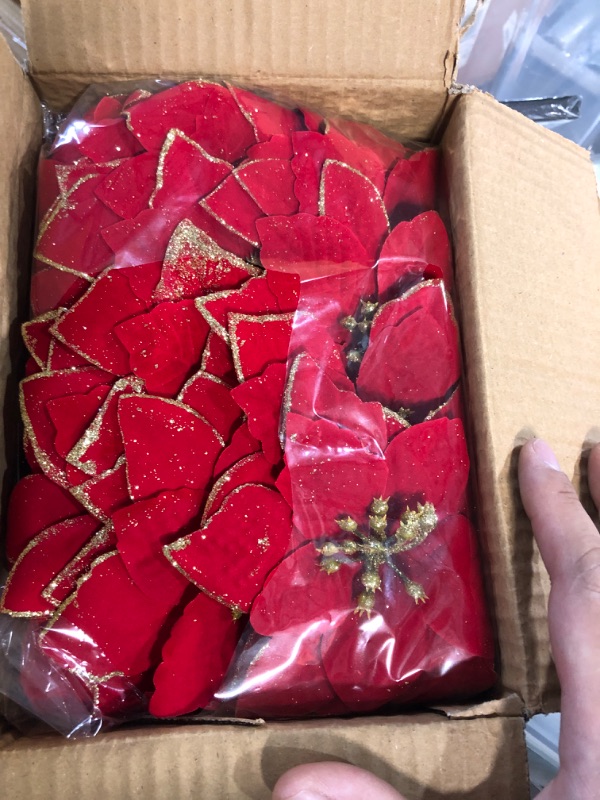 Photo 2 of [ Include Clips Stems ] TURNMEON 24 Pack 5.5 Inch Christmas Glitter Poinsettia