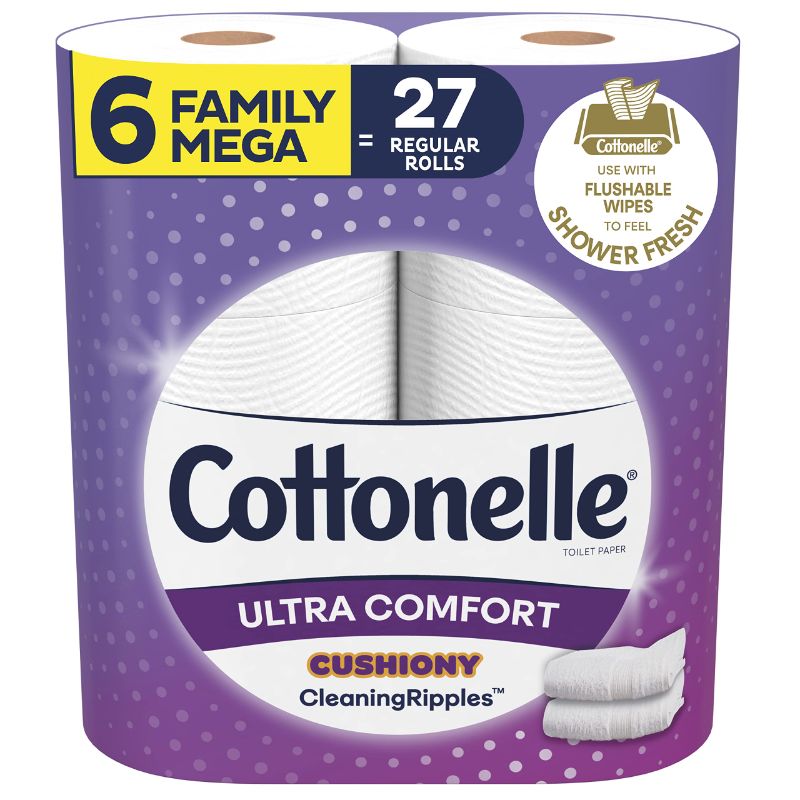 Photo 1 of Cottonelle Ultra Comfort Toilet Paper with Cushiony CleaningRipples Texture, Strong Bath Tissue, 6 Family Mega Rolls (6 Family Mega Rolls = 27 Regular Rolls), 325 Sheets per Roll