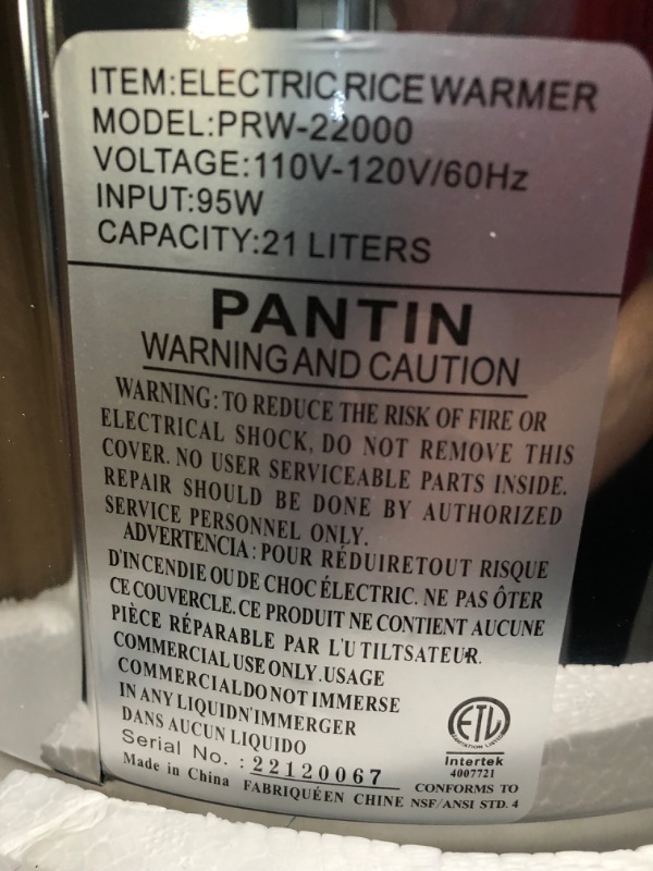 Photo 3 of Pantin Commercial Electric Rice Warmer (Warm Function only, not a Cooker) - (For Measurement Purpose: 50 Cup Raw/100 Cup Cooked) 120V, 95W, NSF, ETL Listed