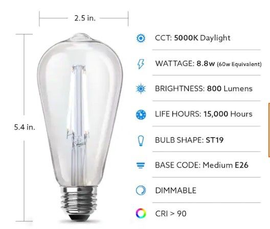 Photo 3 of (8x) Feit Electric - 60-Watt Equivalent ST19 Dimmable Straight Filament Clear Glass Vintage Edison LED Light Bulb, Daylight