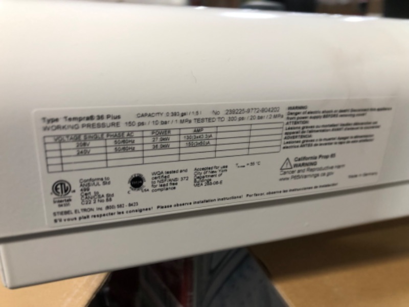 Photo 3 of **SEE NOTES**
Stiebel Eltron Tankless Heater – Tempra 36 Plus – Electric, On Demand Hot Water, Eco, White Tempra 36 Plus (36 kW) Water Heater