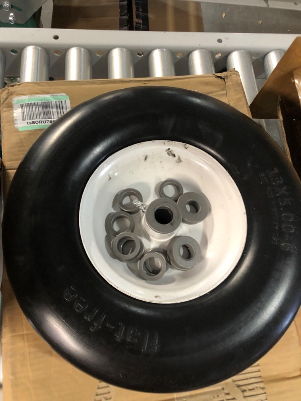 Photo 2 of 2 PCS Upgrade 13x5.00-6" Flat Free Lawn Mower Smooth Tire, Commercial Grade Lawn and Garden Mower Turf Replacement Solid Tire and Wheel with Steel Rim, 3/4" Grease Bushing and 3.25"-5.9" Centered Hub