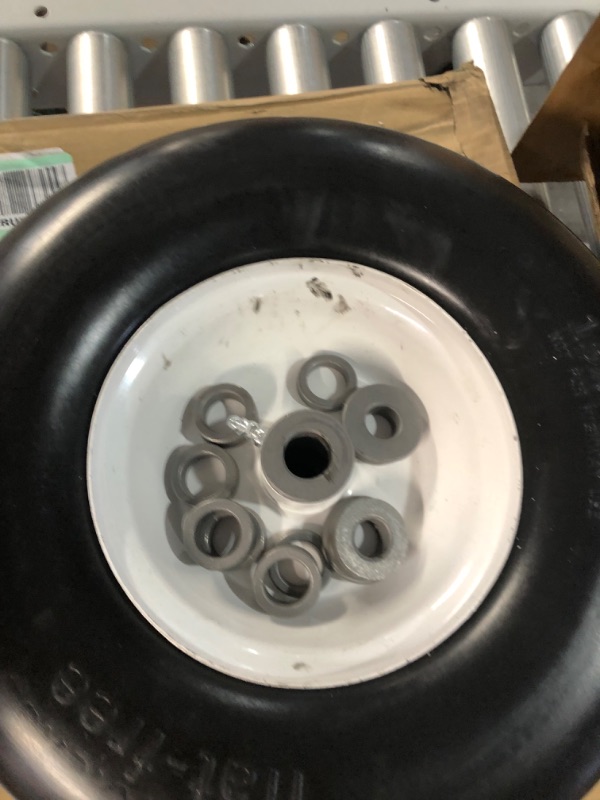 Photo 3 of 2 PCS Upgrade 13x5.00-6" Flat Free Lawn Mower Smooth Tire, Commercial Grade Lawn and Garden Mower Turf Replacement Solid Tire and Wheel with Steel Rim, 3/4" Grease Bushing and 3.25"-5.9" Centered Hub