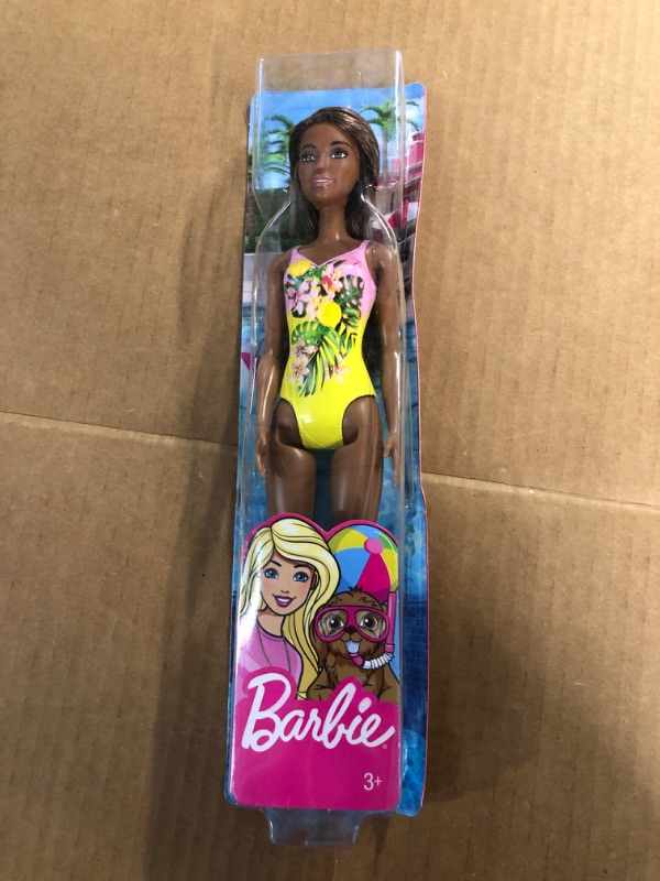 Photo 2 of Barbie Doll, Brunette, Wearing Pink and Yellow Floral Swimsuit, for Kids 3 to 7 Years Old