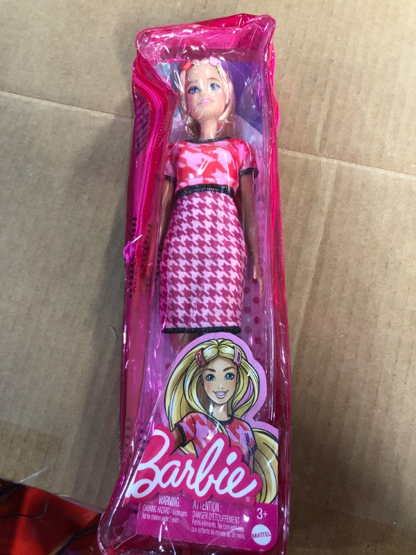 Photo 2 of Barbie Fashionistas Doll with Long Blonde Hair & Houndstooth Crop Top & Skirt, Platform Shoes & 2 Barrettes, Toy for Kids 3 to 8 Years Old