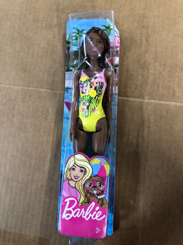 Photo 2 of Barbie Doll, Brunette, Wearing Pink and Yellow Floral Swimsuit, for Kids 3 to 7 Years Old