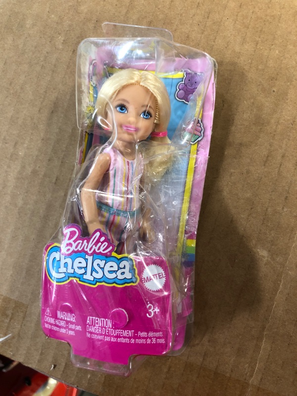 Photo 2 of Barbie Chelsea Doll (6-inch Blonde) Wearing Skirt with Striped Print and Pink Boots, Gift for 3 to 7 Year Olds