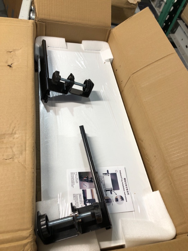 Photo 1 of Under Desk Keyboard Tray for Corner L Shaped Desk, Clamp On Keyboard Drawer Slide Out, Ergonomic Desk Extender with Swivel Clips NO Need to Dill Holes, White 25.6"x9.8" White