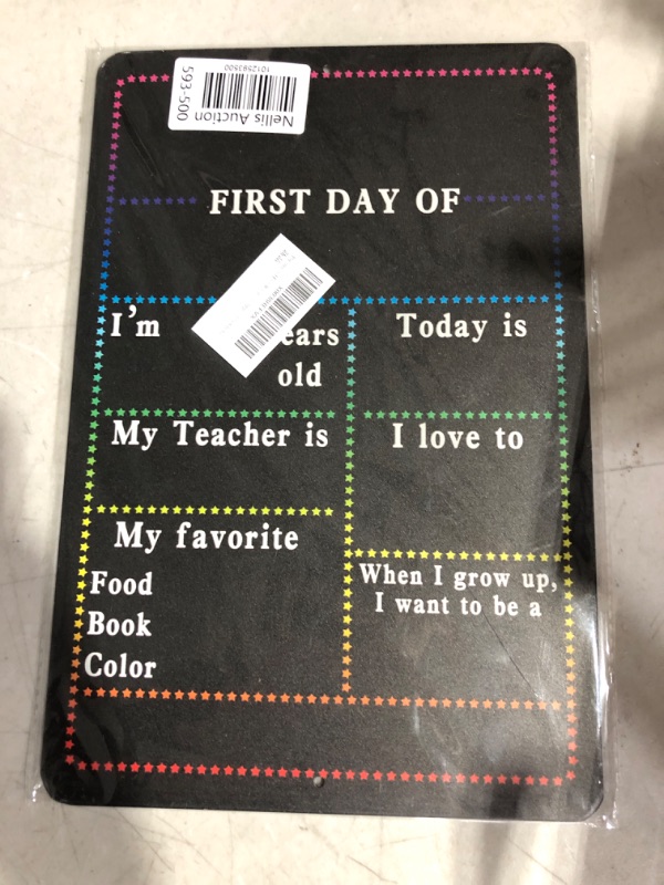 Photo 2 of First Day of School Photo Prop Chalkboard Sign for Kids,  Aluminum Metal Milestone Large Tin Sign 12" X 8" Flag