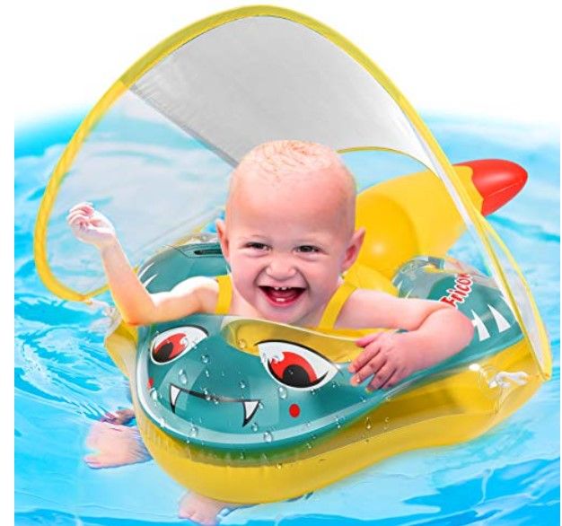 Photo 1 of Fricon Baby Swimming Float Inflatable, Baby Pool Float Ring, Newest Infant Floats with Sun Protection Canopy and Tail, No Flip Over, for Age of 3-30 Months Babies