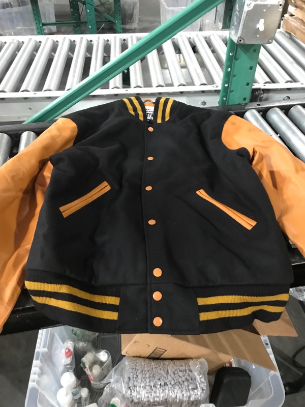 Photo 2 of *SEE  NOTES *Varsity Base Letterman Jacket (Black Wool, Old Gold Leather, Medium)