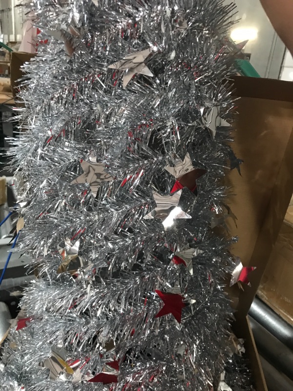 Photo 2 of 6ft Christmas Tinsel Tree with String Lights, , Pop up Christmas Tree with Stand Easy-Assembly, (Silver)