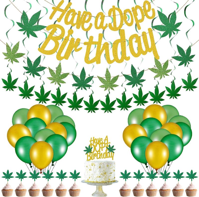 Photo 1 of 3 Pieces Pot Leaves Birthday Banners Weed Leaves Birthday Decorations, 13 Pieces Pot Leaf Cake Toppers, 12 Pieces Hanging Swirls and 24 Pieces Balloons for Baby Shower Birthday Party Decoration