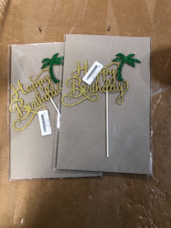 Photo 2 of Hawaiian Happy Birthday Cake Topper Gold Glitter, Luau Beach Birthday Cake Topper for Tropical Hawaiian Luau Theme Birthday Party Supplies QTY 2