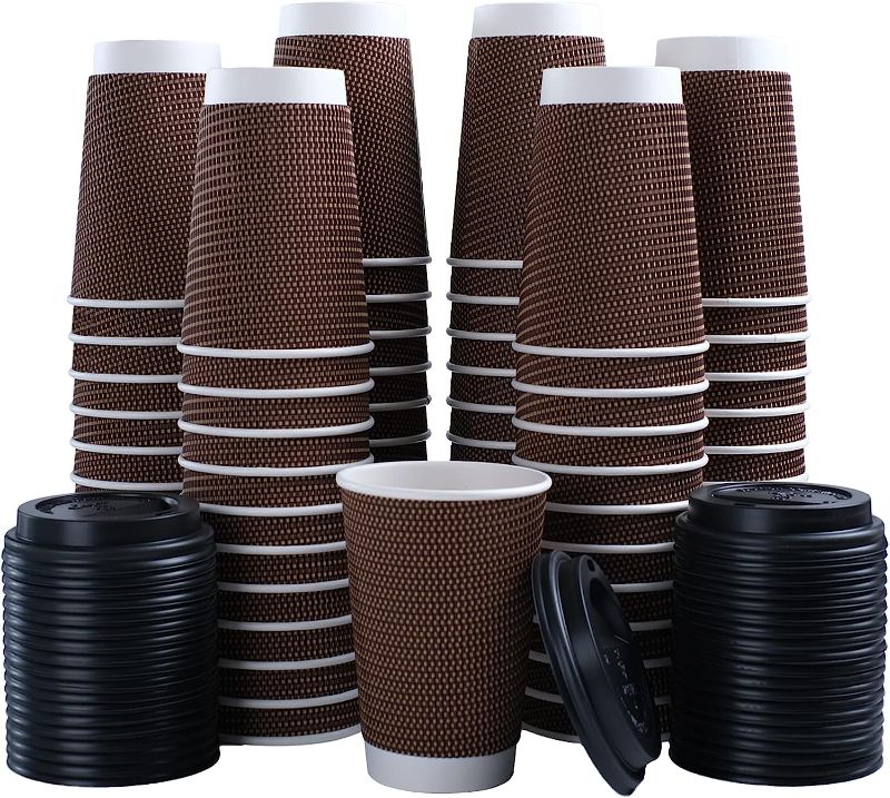 Photo 1 of Lamosi 80 Pack 16oz Paper Coffee Cups,Disposable Coffee Cups with Lids Three Layer Insulated Ripple Wall Paper Coffee Cups,for Cold/Hot Drinks BEIGE