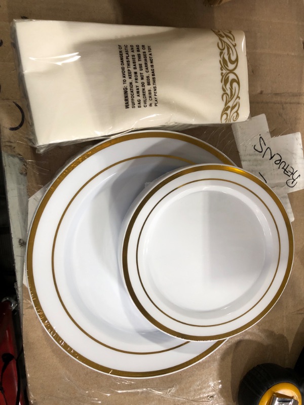 Photo 2 of 175PCS White and Gold Rim Disposable Dinnerware Sets for Wedding Party 25 Guests 25 Dinner Gold Plastic Plates 25 Dessert Plates & 25 Linen Like Gold Paper Napkins & 25 Gold Plastic Silverware Set