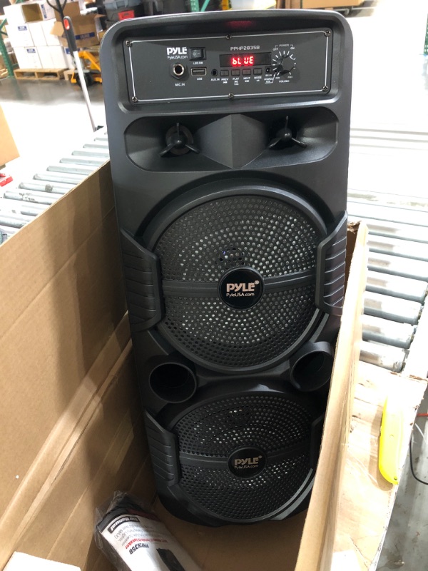 Photo 2 of Pyle Portable Bluetooth PA Speaker System - 600W Rechargeable Outdoor Bluetooth Speaker Portable PA System w/ Dual 8” Subwoofer 1” Tweeter, Microphone In, Party Lights, USB, Radio, Remote - PPHP2835B