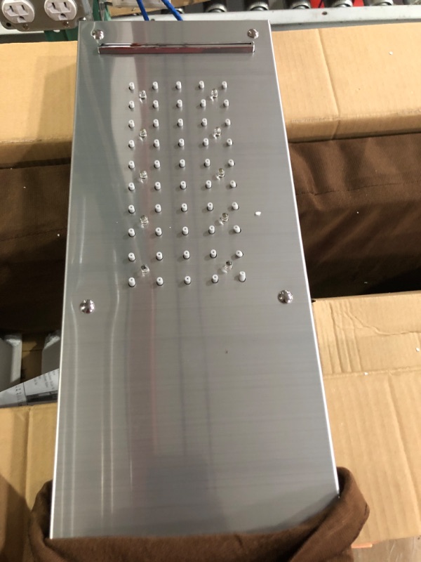 Photo 1 of LED Shower Panel Tower, Rainfall Shower Head with Rain Massage Body Jets Shower System, Brushed Nickel without shelf Brushed