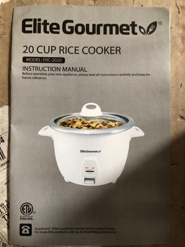 Photo 1 of Elite Gourmet ERC-2020 Electric Rice Cooker with Stainless Steel Inner Pot Makes Soups, Stews, Grains, Cereals, 20 Cups, White 20 Cups Cooked