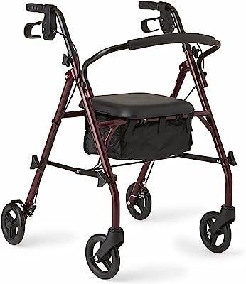 Photo 1 of [notes!] Medline Rollator Walker with Seat, Steel Rolling Walker with 6-inch Wheels Supports up to 350 lbs, Medical Walker, Burgundy