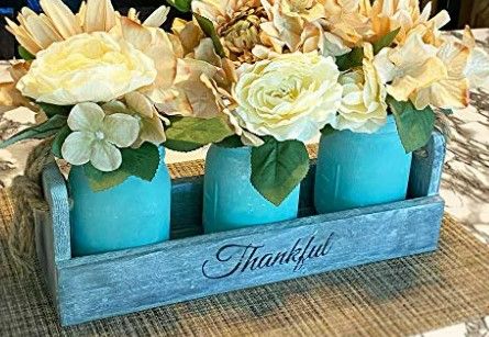 Photo 1 of (STOCK PHOTO REFERENCE ONLY) Mason Jar Centerpiece 3 Painted Jars Rustic Farmhouse Decor Centerpiece Blue/Grey (MISSING ONE JAR)