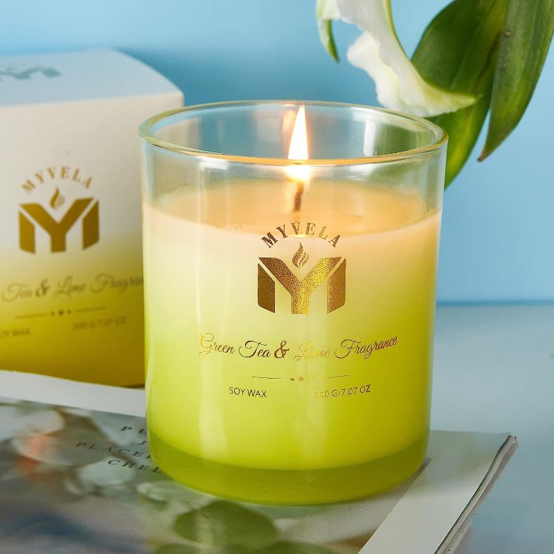 Photo 1 of Mmyvela Scented Candles / Green Tea and Lime Fragrance / 7.07 Oz Soy Wax / Yellow Gradient Color Glass Jar / 40 Hours Long Lasting Burning / Home Scented Candle for Men and Women
