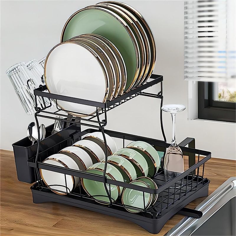 Photo 1 of  2-Tier Large Capacity Dish Drainer Organizer Shelf with Utensil Holder, Wine Glass Holder - Black