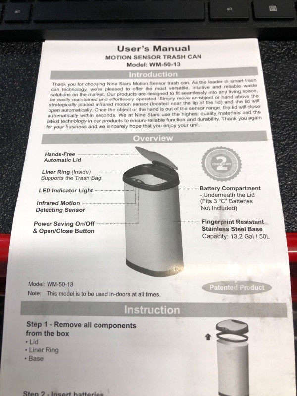 Photo 2 of NINESTARS DZT-50-13 Automatic Touchless Motion Sensor Oval Trash Can with Black Top, 13 gallon/50 L, Stainless Steel
