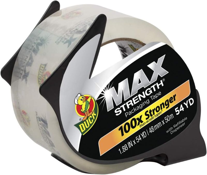 Photo 1 of *USED* Duck Brand MAX Strength Packaging Tape with Dispenser for Moving, Shipping and Mailing, 1 Roll, 3" Core, Clear, 1.88" x 54.6 yd (284982)
