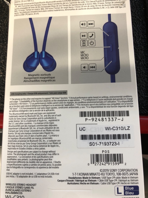 Photo 3 of Sony WI-C310 Wireless in-Ear Headset/Headphones with Mic for Phone Call, Blue, Model Number: WI-C310/L