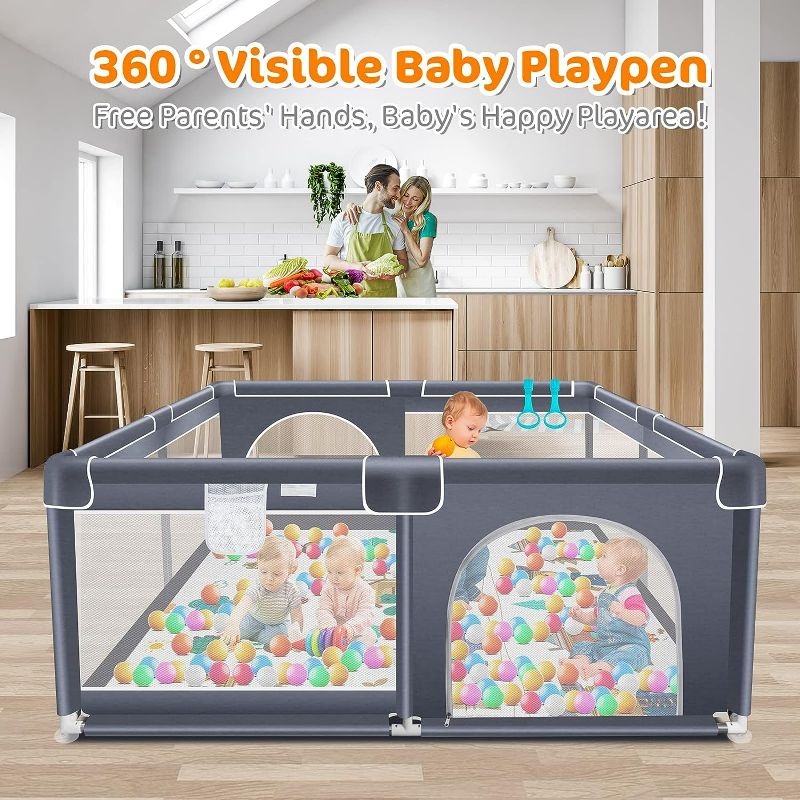 Photo 1 of Baby Playpen with Mat, 71"x59" Extra Large Playpen for Babies and Toddlers, Indoor & Outdoor Play Yard, Sturdy Safety Fence with Soft Breathable Mesh, Grey