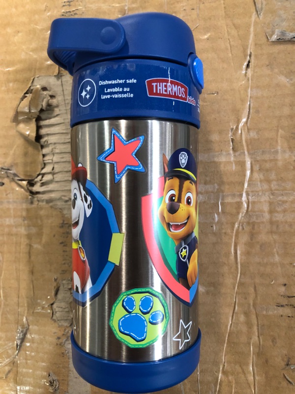 Photo 2 of **LATCH CRACKED BUT STILL CLOSES** THERMOS FUNTAINER 12 Ounce Stainless Steel Vacuum Insulated Kids Straw Bottle, Blue Paw Patrol Blue Paw Patrol 12 Ounce Bottle