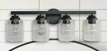 Photo 1 of **ONE BROKEN GLASS SHADE** allen + roth Emeryson 24.5-in 4-Light Matte Black Transitional Vanity Light