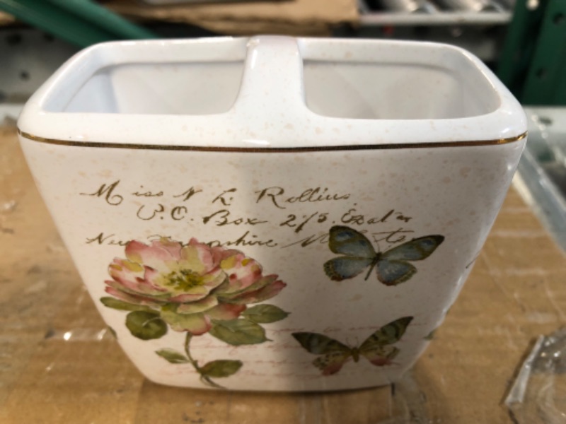 Photo 2 of **SMALL CHIP, SEE PHOTO** Avanti Linens - Toothbrush Holder, Ceramic Bathroom Accessories, Floral Home Decor (Butterfly Garden Collection) Toothbrush Holder White