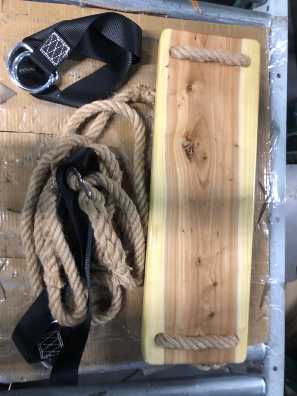 Photo 3 of **MISSING ANCHOR HOOK SCREWS** Wooden Tree Swing,Wooden Swing for Adults/Kids with 500lbs Load Capacity,Adjustable Hemp Rope Plus Tree Straps 100 inch, Hanging Wooden Swing for Indoor, Outdoor, Garden,Yard,Backyard(16"x 6.3")