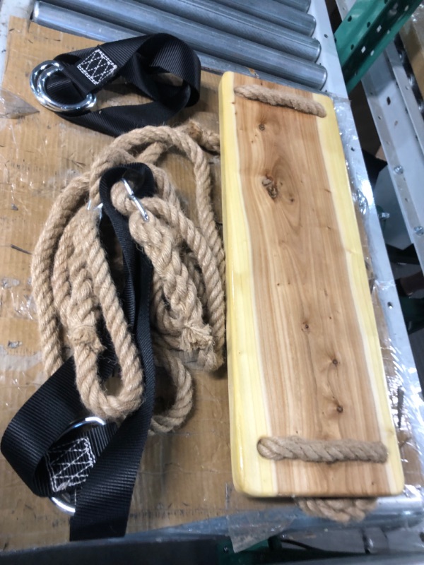 Photo 2 of **MISSING ANCHOR HOOK SCREWS** Wooden Tree Swing,Wooden Swing for Adults/Kids with 500lbs Load Capacity,Adjustable Hemp Rope Plus Tree Straps 100 inch, Hanging Wooden Swing for Indoor, Outdoor, Garden,Yard,Backyard(16"x 6.3")