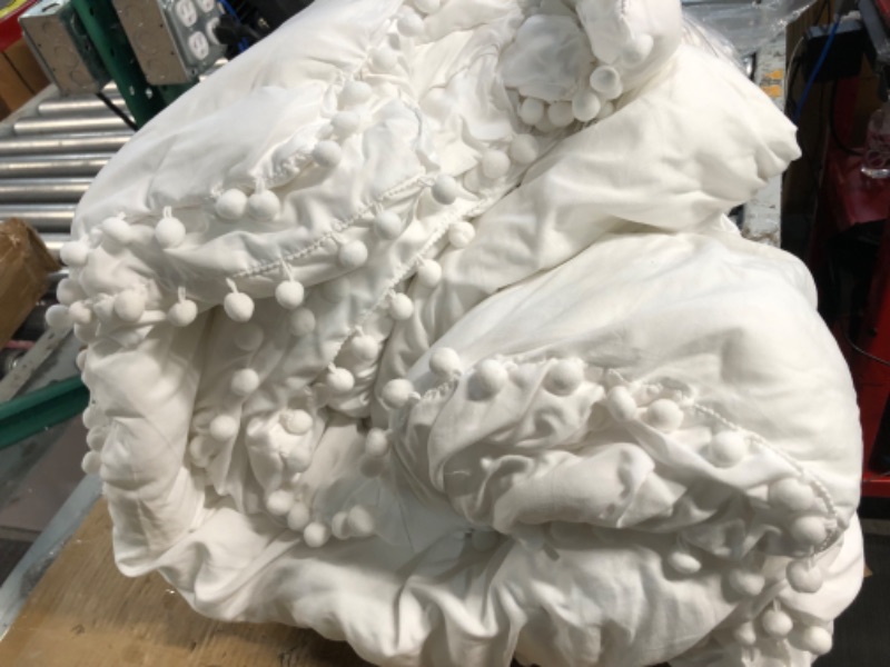 Photo 4 of **WHITE, NOT GREEN LIKE STOCK PHOTO** YIRDDEO White Queen Ball Pom Fringe Design Comforter Set 3pcs