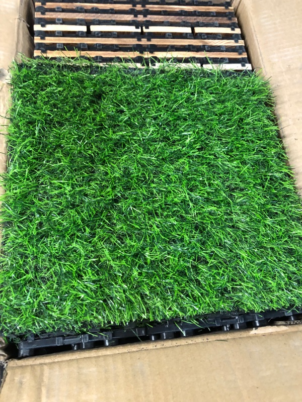 Photo 3 of 24 Pcs Hardwood Interlocking Patio Deck Tile and Artificial Grass Tile Waterproof Wood Flooring Tile Interlocking Turf Tile Outdoor Self Draining Tile for Balcony Garden Patio Lawn, 12x12 in