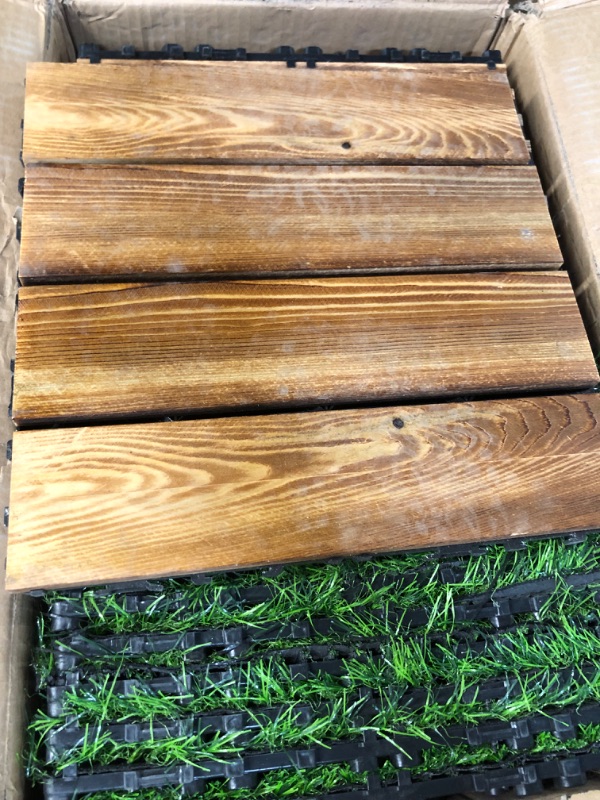 Photo 4 of 24 Pcs Hardwood Interlocking Patio Deck Tile and Artificial Grass Tile Waterproof Wood Flooring Tile Interlocking Turf Tile Outdoor Self Draining Tile for Balcony Garden Patio Lawn, 12x12 in