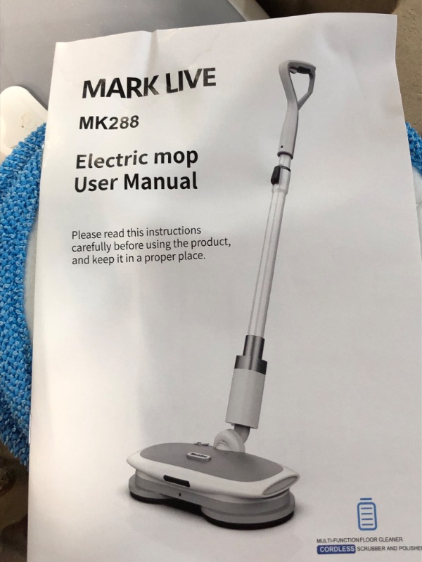 Photo 2 of **UNTESTED**MARK LIVE Electric Mop, Cordless Floor Cleaner, LED Headlight and Water Sprayer with 300ml Tank, Up to 60 Mins of Powerful Spin, Polisher for Hardwood, Tile and Laminate Floors, 6 Mop Pads