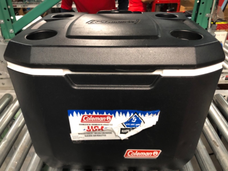 Photo 2 of **RED LOGO, SEE PHOTO** Coleman Rolling Cooler | 50 Quart Xtreme 5 Day Cooler with Wheels | Wheeled Hard Cooler Keeps Ice Up to 5 Days, Black