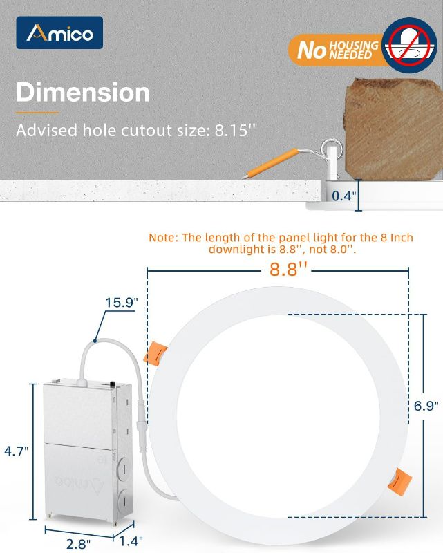 Photo 1 of (2x) Amico 8 Inch 5CCT Ultra-Thin LED Recessed Ceiling Light with Junction Box, 2700K/3000K/3500K/4000K/5000K Selectable, 18W Eqv 125W, Dimmable Canless Wafer Downlight, 1600LM High Brightness -ETL 5000k/4000k/3500k/3000k/2700k - White 8 Inch