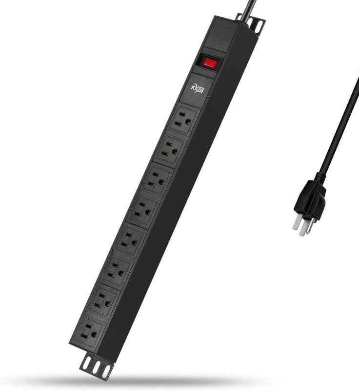 Photo 1 of KMC 8-Outlet Metal Power Strip Surge Protector, Rack Mount PDU, Metal Mounting Brackets, 6 Foot Extension Cord, 1800 Joules, 125V/15A, Black